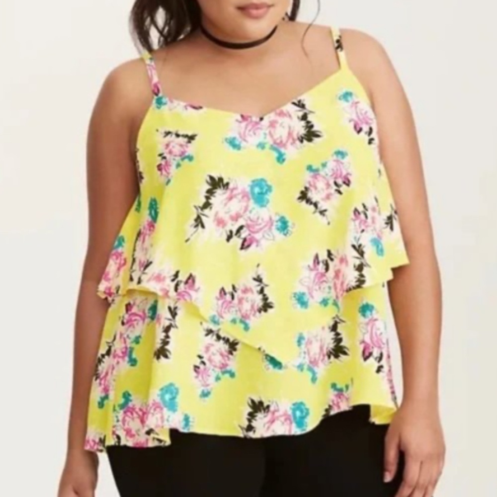 Torrid Floral Tiered Top 2X Yellow Tank Euro Summer Ruffle Feminine Tropical 80s
